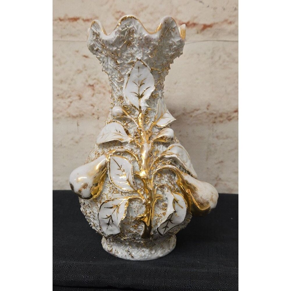 7" Vintage Ceramic Vase Mid Century Modern White Gold Leaf Design